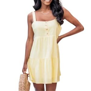 Pink Lily Divine Memory Pastel Yellow Sun Dress Button Front Tiered Ruffle Layer
